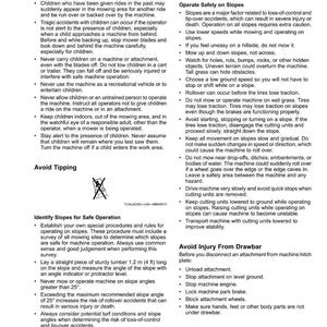 Peut inclure: Instructions de s&eacute;curit&eacute; pour l'utilisation de machines, pr&eacute;sent&eacute;es sur fond blanc. Le texte comprend des avertissements concernant les enfants, le basculement et l'utilisation en pente. Un diagramme d'un X est &eacute;galement pr&eacute;sent.