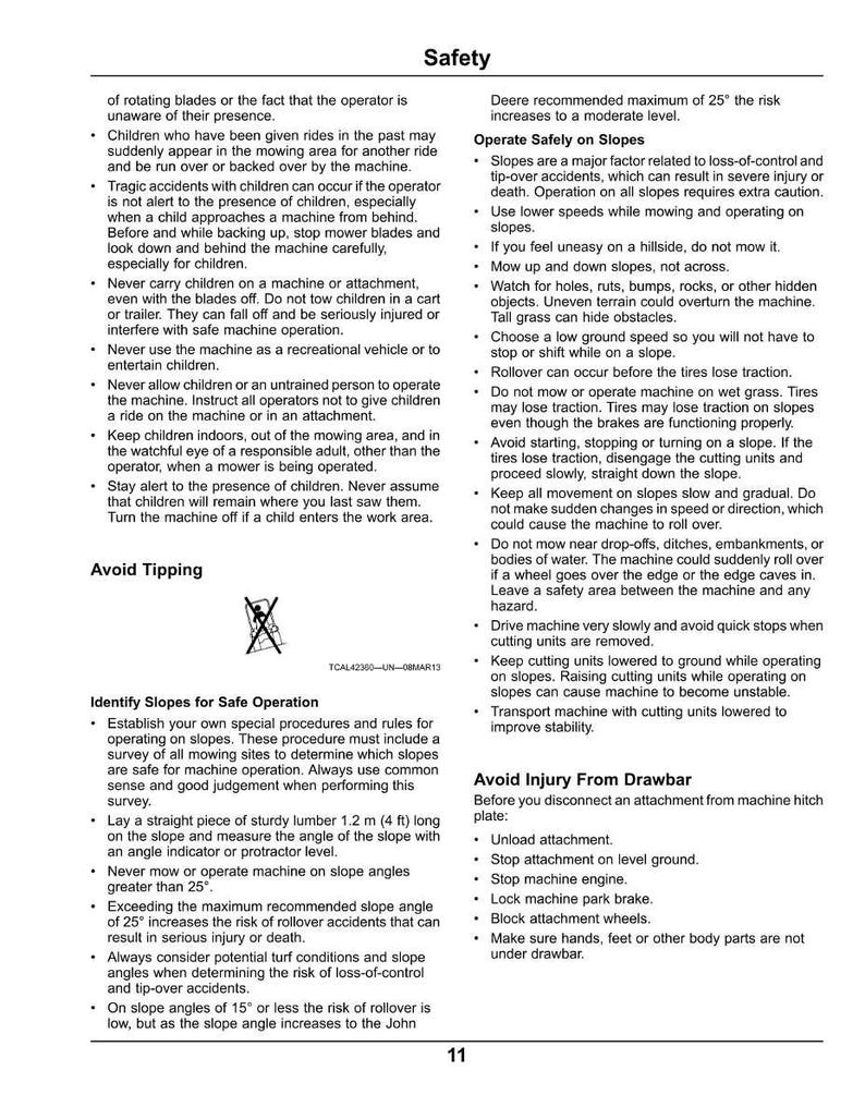 Peut inclure: Instructions de s&eacute;curit&eacute; pour l'utilisation de machines, pr&eacute;sent&eacute;es sur fond blanc. Le texte comprend des avertissements concernant les enfants, le basculement et l'utilisation en pente. Un diagramme d'un X est &eacute;galement pr&eacute;sent.