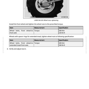 May include: Image showing a tractor wheel with a wrench tightening wheel nuts. The text reads "LX002146-UN: Wheel nuts, tightening." The specifications table shows torque measurements of 300 Nm and 400 Nm.