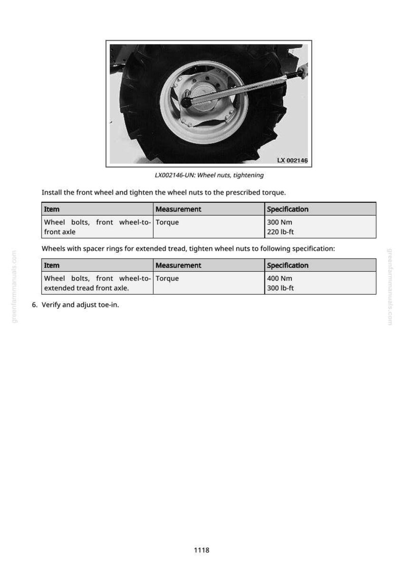 May include: Image showing a tractor wheel with a wrench tightening wheel nuts. The text reads "LX002146-UN: Wheel nuts, tightening." The specifications table shows torque measurements of 300 Nm and 400 Nm.
