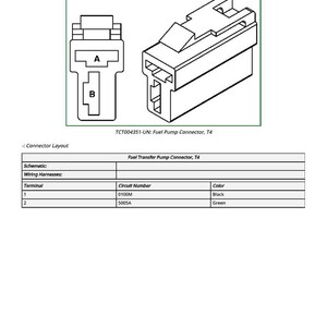 May include: Diagram of a fuel transfer pump connector, labeled T4. The image includes two schematic views of the connector, labeled A and B, and a table detailing wiring harnesses, circuit numbers, and colors. The text "Fuel Transfer Pump Connector, T4" is displayed.