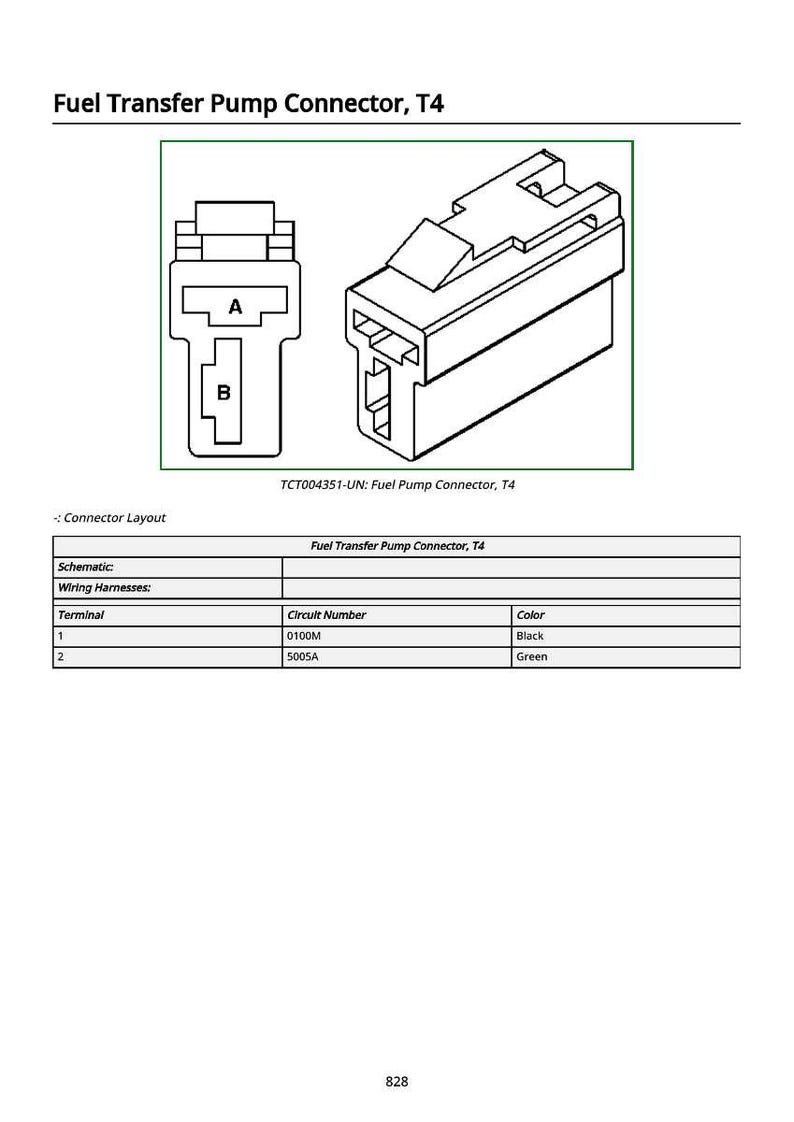 May include: Diagram of a fuel transfer pump connector, labeled T4. The image includes two schematic views of the connector, labeled A and B, and a table detailing wiring harnesses, circuit numbers, and colors. The text "Fuel Transfer Pump Connector, T4" is displayed.