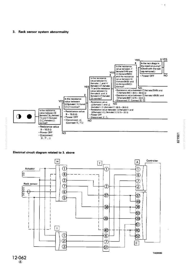 May include: Diagram of a rack sensor system abnormality, with a flow chart and electrical circuit diagram. The diagram includes text, lines, and symbols, illustrating the diagnostic process and electrical connections.