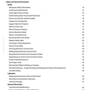 K&ouml;nnte beinhalten: Eine Seite aus einem Handbuch mit dem Titel &bdquo;Inhaltsverzeichnis&ldquo;. Das Dokument listet Sicherheits- und allgemeine Informationen auf, darunter Themen wie &bdquo;Sicherheitsinformationen erkennen&ldquo; und &bdquo;Hochdruckfl&uuml;ssigkeiten vermeiden&ldquo;.