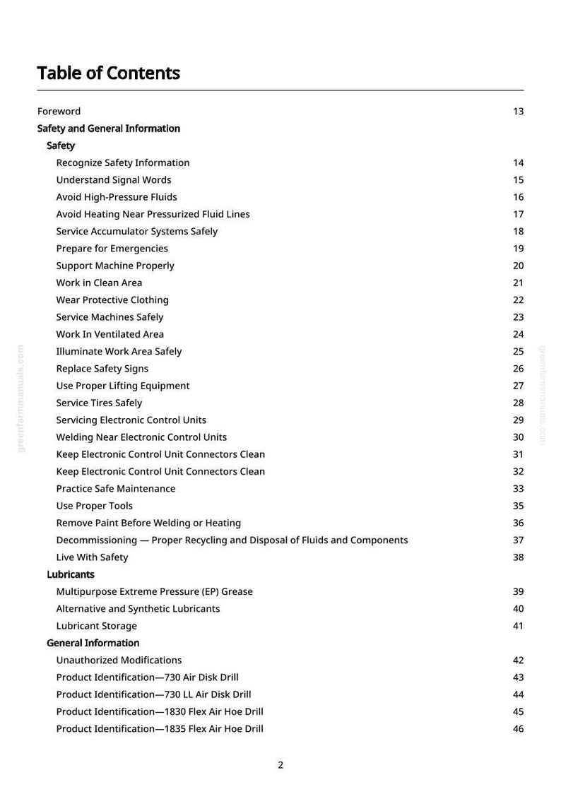 K&ouml;nnte beinhalten: Eine Seite aus einem Handbuch mit dem Titel &bdquo;Inhaltsverzeichnis&ldquo;. Das Dokument listet Sicherheits- und allgemeine Informationen auf, darunter Themen wie &bdquo;Sicherheitsinformationen erkennen&ldquo; und &bdquo;Hochdruckfl&uuml;ssigkeiten vermeiden&ldquo;.