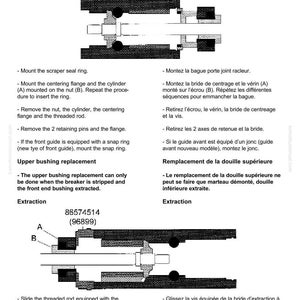 May include: Diagram from a Komatsu JPB7500V repair manual, featuring exploded views of mechanical components. Text includes instructions for scraper seal ring mounting, flange centering, and bushing replacement. Page S19.
