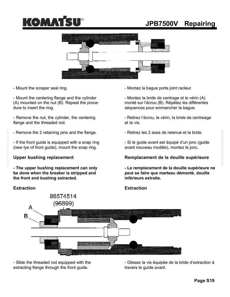 May include: Diagram from a Komatsu JPB7500V repair manual, featuring exploded views of mechanical components. Text includes instructions for scraper seal ring mounting, flange centering, and bushing replacement. Page S19.