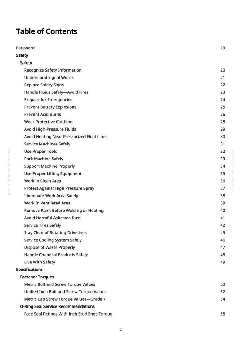 May include: A page from a manual titled "Table of Contents" with a list of safety topics. The topics include recognizing safety information, avoiding high-pressure fluids, and handling chemical products safely. The page numbers are listed on the right.