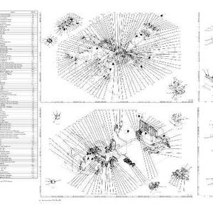 May include: A detailed architectural drawing with multiple sections. The image features a large grid of text on the left and several detailed diagrams on the right. The diagrams are intricate, with lines radiating from central points, and other architectural elements.