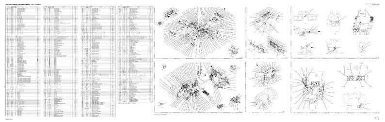 May include: A detailed architectural drawing with multiple sections. The image features a large grid of text on the left and several detailed diagrams on the right. The diagrams are intricate, with lines radiating from central points, and other architectural elements.