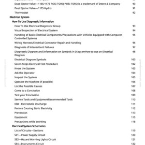 May include: A white page with a table of contents from a manual. The text includes "Electrical System," "Diagnostic Information," and "Electrical System Schematics." Page numbers are listed on the right.