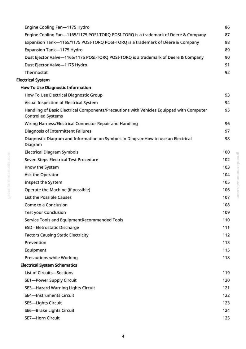 May include: A white page with a table of contents from a manual. The text includes "Electrical System," "Diagnostic Information," and "Electrical System Schematics." Page numbers are listed on the right.