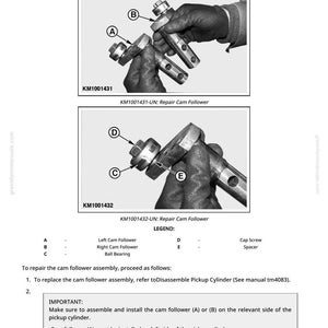 May include: Diagram of a cam follower repair, with close-up views of the components. The image includes labels for the left and right cam followers, ball bearing, cap screw, and spacer. Text provides instructions for assembly.