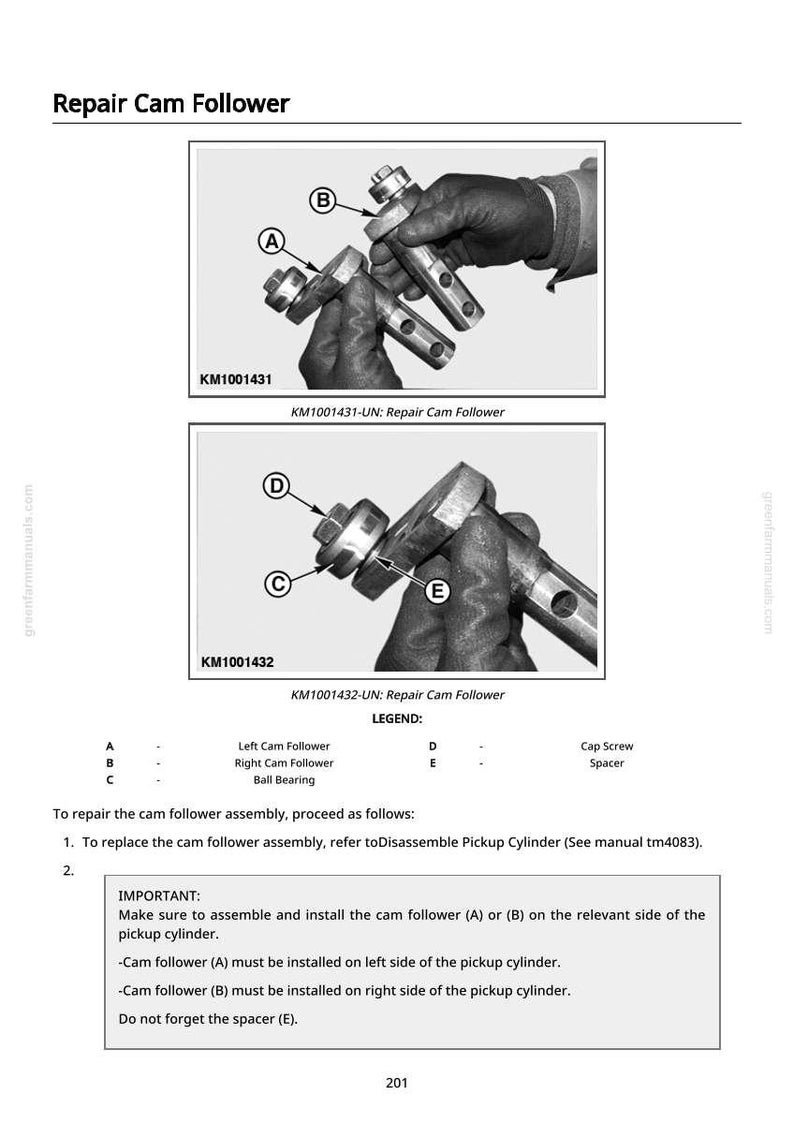 May include: Diagram of a cam follower repair, with close-up views of the components. The image includes labels for the left and right cam followers, ball bearing, cap screw, and spacer. Text provides instructions for assembly.