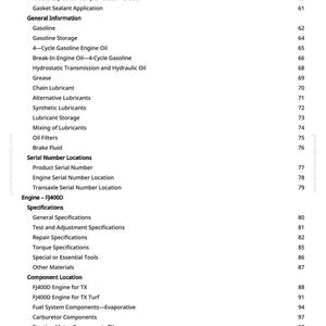 May include: A page from a manual with a table of contents. The headings include "General Information", "Serial Number Locations", "Engine - FJ400D", and "Component Location". Page numbers are listed on the right.