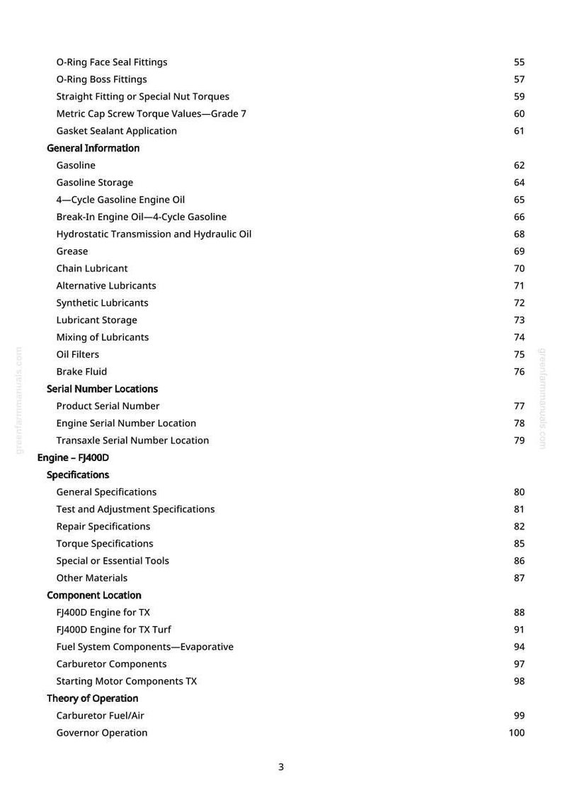 May include: A page from a manual with a table of contents. The headings include "General Information", "Serial Number Locations", "Engine - FJ400D", and "Component Location". Page numbers are listed on the right.