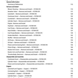 K&ouml;nnte beinhalten: Eine Seite aus einem Reparaturhandbuch mit einem Inhaltsverzeichnis f&uuml;r die Motorreparatur. Der Text umfasst Abschnitte zum Ausbau, Einbau, Zerlegen, Zusammenbauen und &Uuml;berpr&uuml;fen von Motorkomponenten.