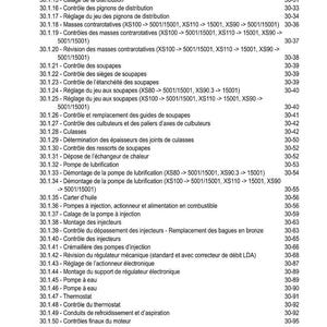 Puede incluir: Una p&aacute;gina de un manual t&eacute;cnico, titulada "TABLE DES MATI&Egrave;RES" (Tabla de contenidos). El texto enumera varias comprobaciones y ajustes de componentes del motor, incluyendo v&aacute;lvulas, bombas e inyectores. La p&aacute;gina est&aacute; en franc&eacute;s.