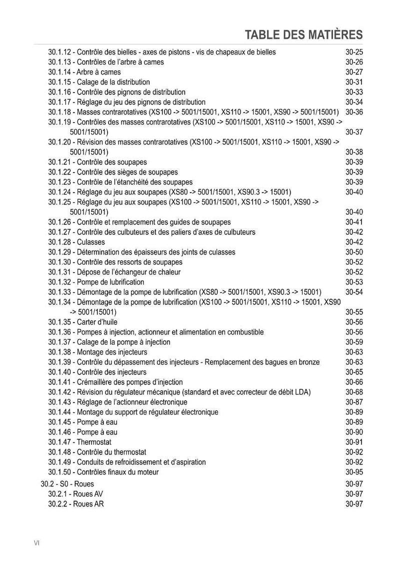 Puede incluir: Una p&aacute;gina de un manual t&eacute;cnico, titulada "TABLE DES MATI&Egrave;RES" (Tabla de contenidos). El texto enumera varias comprobaciones y ajustes de componentes del motor, incluyendo v&aacute;lvulas, bombas e inyectores. La p&aacute;gina est&aacute; en franc&eacute;s.