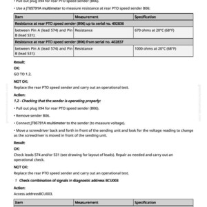 May include: A technical document detailing checks for a rear PTO speed sender. Instructions include resistance checks and operational tests, with specifications in ohms and degrees Celsius.