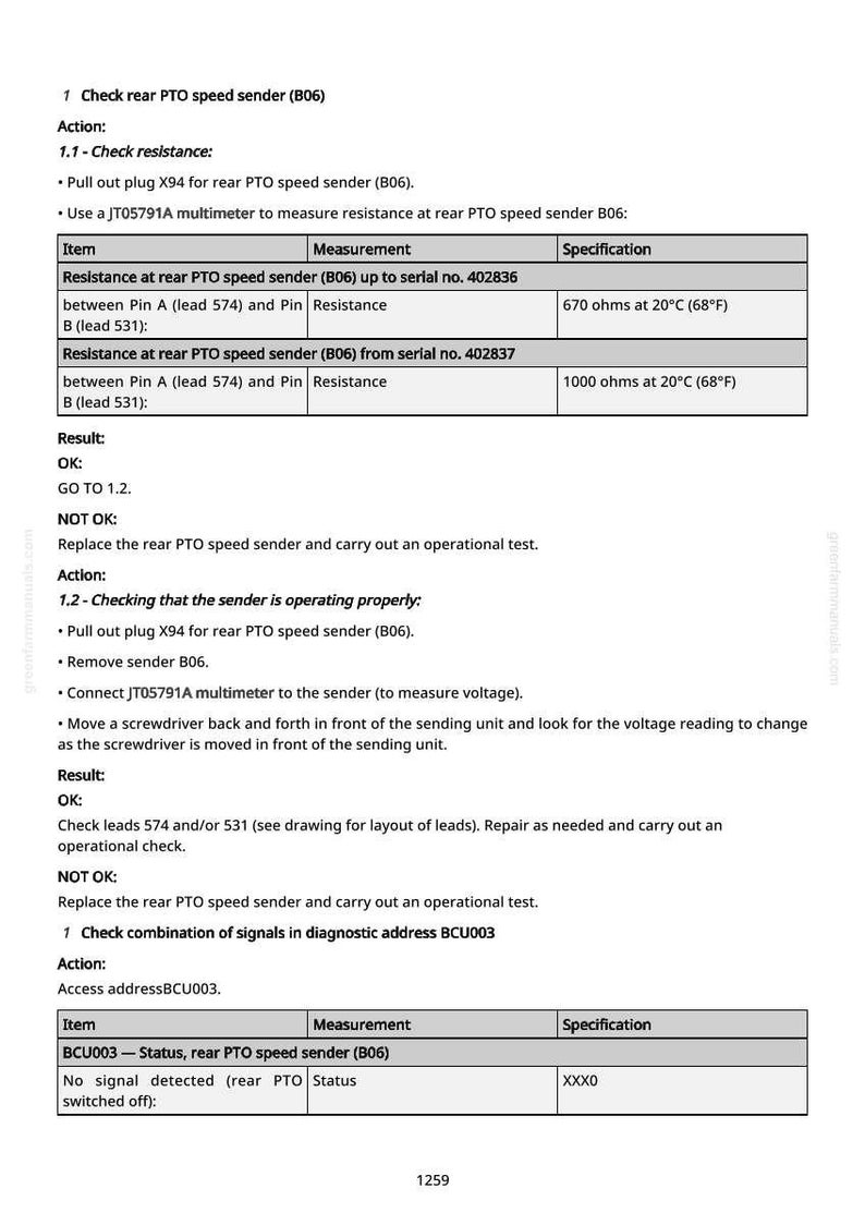 May include: A technical document detailing checks for a rear PTO speed sender. Instructions include resistance checks and operational tests, with specifications in ohms and degrees Celsius.