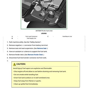 May include: Diagram showing how to remove a fuel tank, with fuel lines and connectors highlighted. The image includes a warning about explosive fuel vapours. Text provides instructions and safety advice for the procedure. The diagram is labelled with letters A, B, and C.