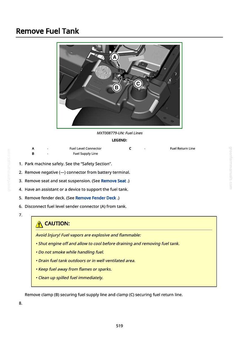 May include: Diagram showing how to remove a fuel tank, with fuel lines and connectors highlighted. The image includes a warning about explosive fuel vapours. Text provides instructions and safety advice for the procedure. The diagram is labelled with letters A, B, and C.