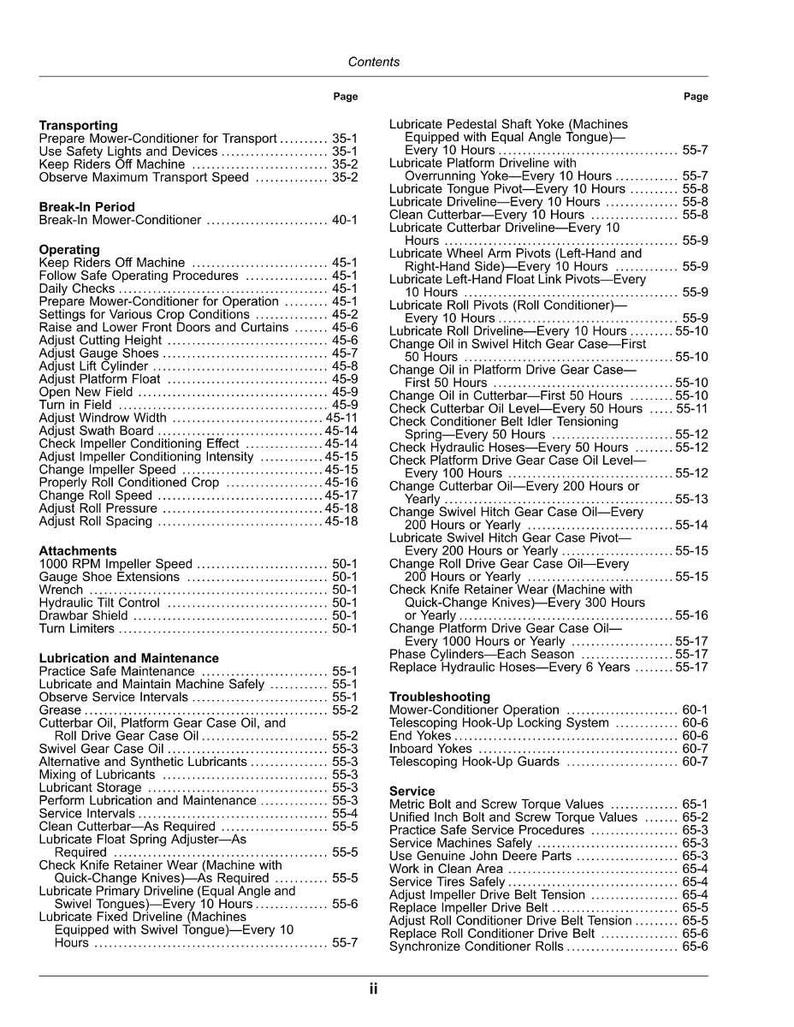 May include: A page from a manual with a table of contents, including sections on maintenance, lubrication, and troubleshooting. The text is black on a white background.