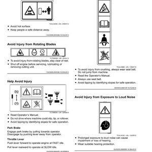 May include: A page of safety labels with no text, featuring warning symbols and instructions. The labels cover topics like hot surfaces, rotating blades, and loud noise exposure. The page includes diagrams and safety guidelines for machinery operation.
