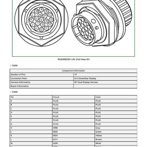 May include: Technical illustration of a circular electrical connector with 19 pins, labeled A through S. The connector has a threaded end and a series of holes. The image includes a table with pin, circuit, and color information.