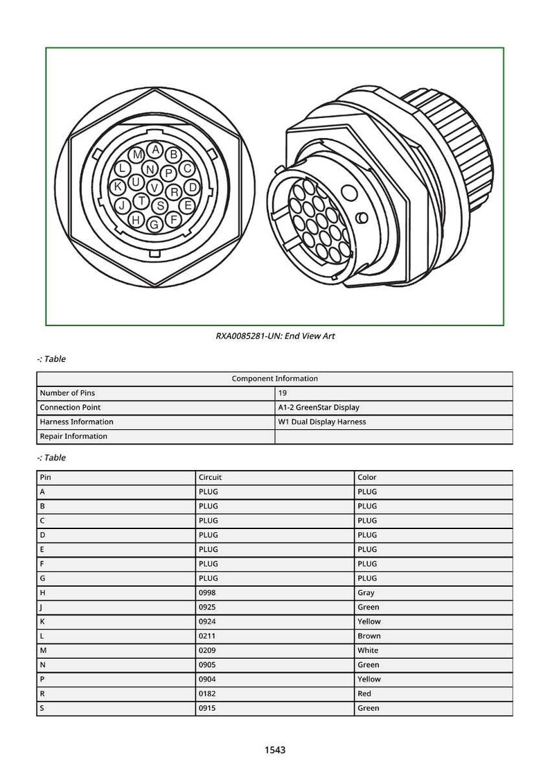 May include: Technical illustration of a circular electrical connector with 19 pins, labeled A through S. The connector has a threaded end and a series of holes. The image includes a table with pin, circuit, and color information.