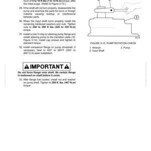 May include: Diagram of a pump rotation check with a wrench, input shaft, and pump labeled. The image includes text about checking the pump drive shaft rotation with an 18-inch wrench and tightening to a specific torque.