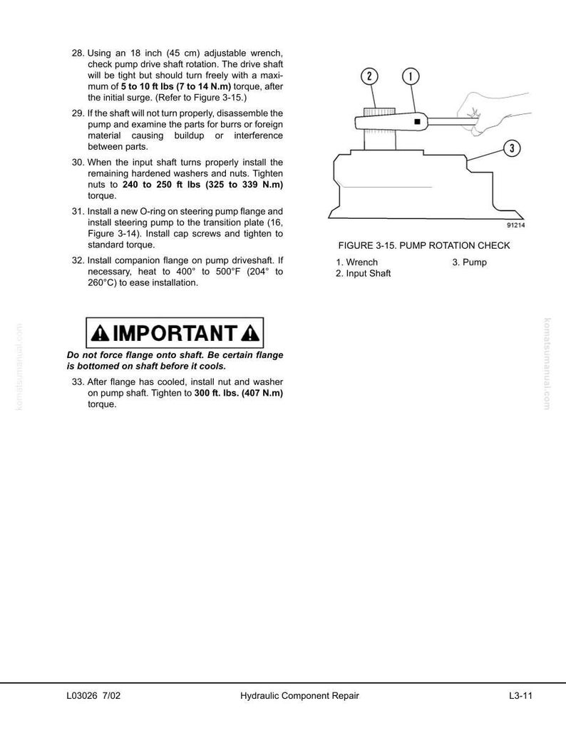 May include: Diagram of a pump rotation check with a wrench, input shaft, and pump labeled. The image includes text about checking the pump drive shaft rotation with an 18-inch wrench and tightening to a specific torque.