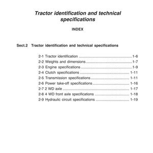 May include: A page from a tractor manual with the title "Tractor identification and technical specifications." The index lists sections on tractor identification, weights, dimensions, engine, clutch, and transmission specifications.