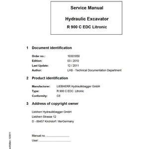 May include: A white service manual titled "Service Manual Hydraulic Excavator R 900 C EDC Litronic." The document includes details like the order number, edition, and manufacturer, with the text "en" in the top right corner.