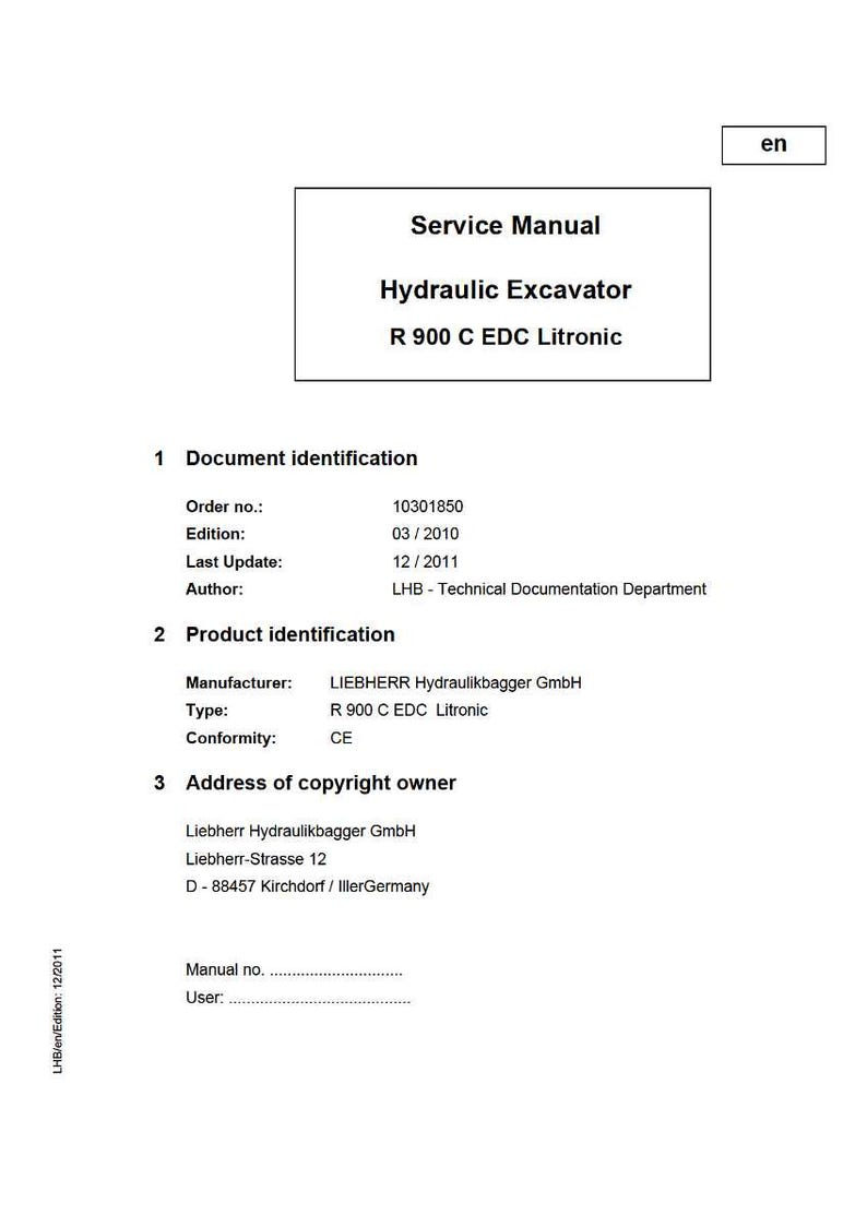 May include: A white service manual titled "Service Manual Hydraulic Excavator R 900 C EDC Litronic." The document includes details like the order number, edition, and manufacturer, with the text "en" in the top right corner.