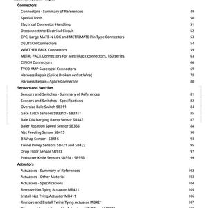 May include: A detailed table of contents from a manual, listing various electrical system repair topics, including connectors, sensors, switches, and actuators. The page number is visible at the bottom.
