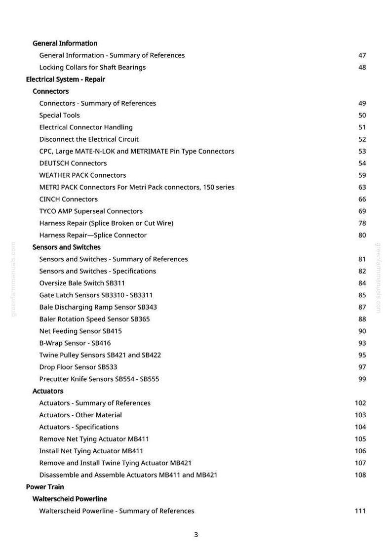 May include: A detailed table of contents from a manual, listing various electrical system repair topics, including connectors, sensors, switches, and actuators. The page number is visible at the bottom.