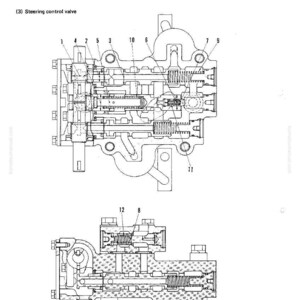 Może przedstawiać: Szczeg&oacute;łowy schemat techniczny zaworu sterowania układu kierowniczego, z przekrojami i ponumerowanymi elementami. Obraz zawiera tekst "MAINTENANCE STANDARD" i "BEVEL GEAR SHAFT AND STEERING". Schemat jest czarno-biały.