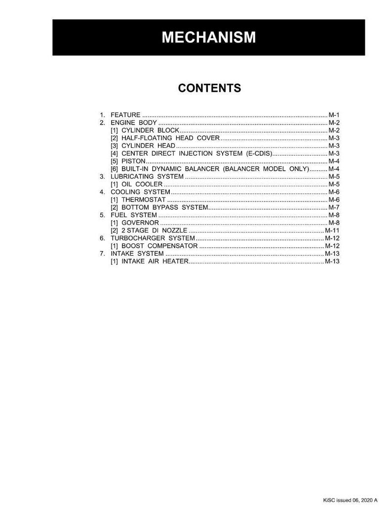 May include: A white document titled "MECHANISM" with a "CONTENTS" section listing engine components. Includes items like cylinder block, cylinder head, and fuel system. The document is labeled KISC issued 06, 2020 A.