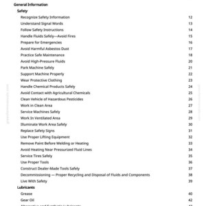 May include: A printed table of contents from a manual, with a white background and black text. The headings include "Safety", "Lubricants", and "General Information and Specifications". Page numbers are visible.