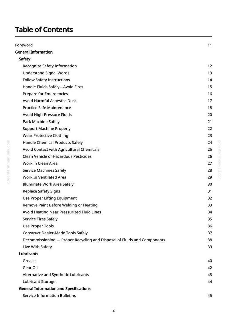 May include: A printed table of contents from a manual, with a white background and black text. The headings include "Safety", "Lubricants", and "General Information and Specifications". Page numbers are visible.