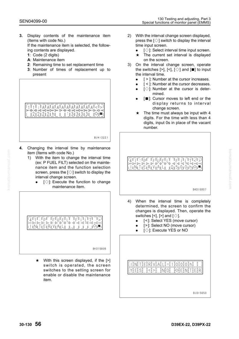 May include: A technical document with diagrams and instructions for adjusting a monitor panel. Includes screen displays with text and symbols for maintenance and interval time settings.