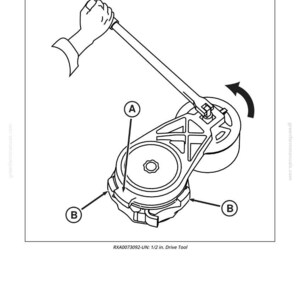 Op de afbeelding: Illustratie van een inspectie van de riemspanner. De afbeelding toont een mechanisch onderdeel met een hendel die wordt gebruikt om een katrol te draaien. De tekst "Inspecteer riemspanner" staat bovenaan.