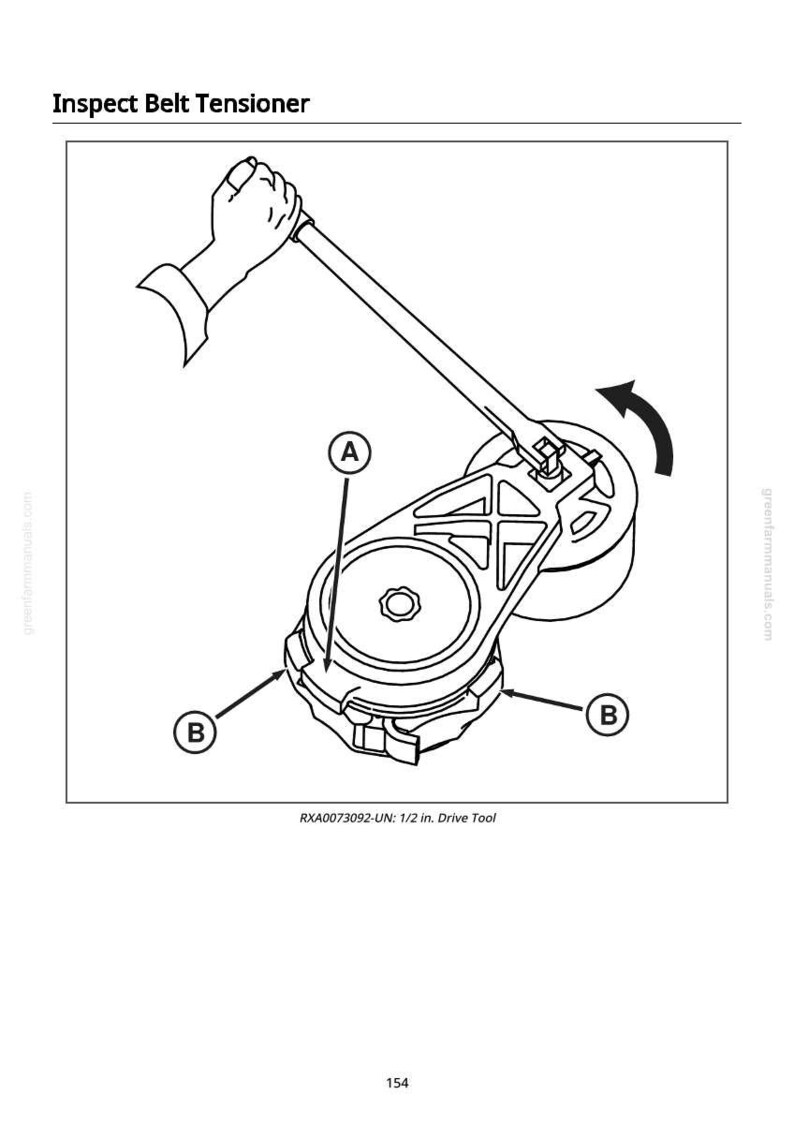 Op de afbeelding: Illustratie van een inspectie van de riemspanner. De afbeelding toont een mechanisch onderdeel met een hendel die wordt gebruikt om een katrol te draaien. De tekst "Inspecteer riemspanner" staat bovenaan.