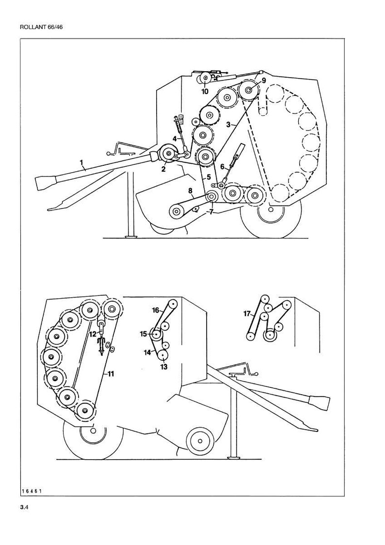 May include: Detailed technical diagram of a ROLLANT 66/46 agricultural machine, featuring various mechanical components such as rollers, belts, and gears. The diagram is labeled with numbers and includes the text "ROLLANT 66/46".