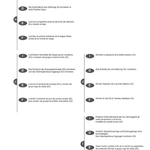 K&ouml;nnte beinhalten: Eine technische Zeichnung mit Anweisungen in mehreren Sprachen zur Montage mechanischer Komponenten. Das Bild enth&auml;lt nummerierte Schritte und Beschriftungen mit Text in Englisch, Italienisch und anderen Sprachen. Das DANA-Logo ist sichtbar.