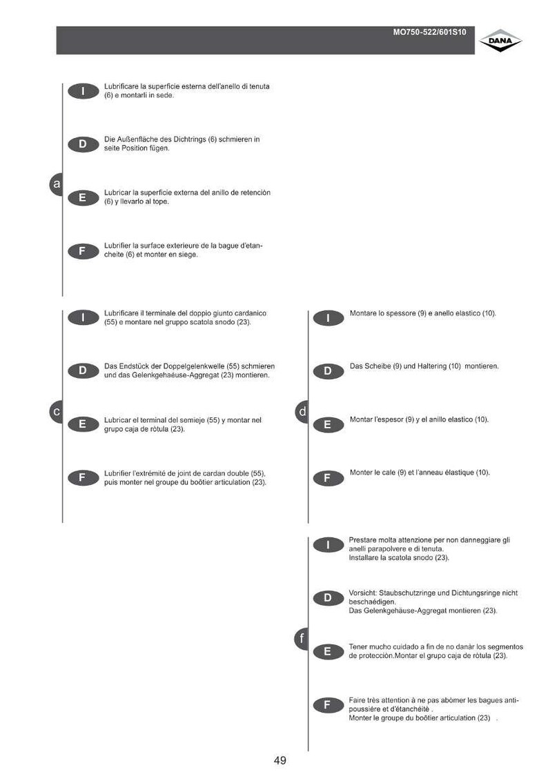K&ouml;nnte beinhalten: Eine technische Zeichnung mit Anweisungen in mehreren Sprachen zur Montage mechanischer Komponenten. Das Bild enth&auml;lt nummerierte Schritte und Beschriftungen mit Text in Englisch, Italienisch und anderen Sprachen. Das DANA-Logo ist sichtbar.