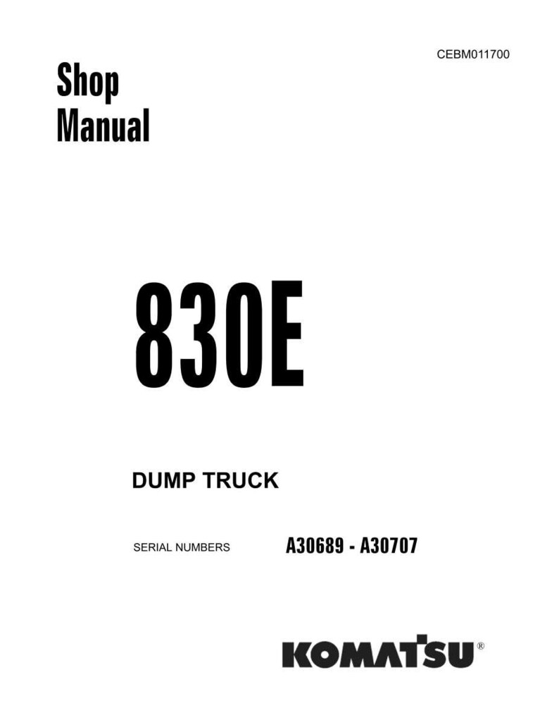 May include: A white Shop Manual cover with the text "Shop Manual" in black. The number "830E" is prominently displayed, with "DUMP TRUCK" below it. Serial numbers A30689 - A30707 are listed. The Komatsu logo is at the bottom.