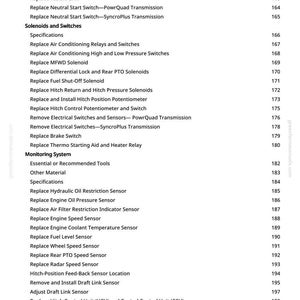 May include: A page from a manual with a list of tractor repair and maintenance procedures. The text includes items like "Replace Engine Oil Pressure Sensor" and "Replace Fuel Level Sensor."